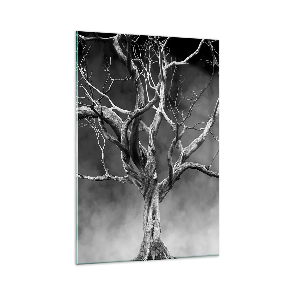 Impression sur verre - Image sur verre - Un arbre sec en noir et blanc contre le brouillard - 80x120cm - Primordial et sacré - Décoration murale moderne pour le salon et la chambre ARTTOR