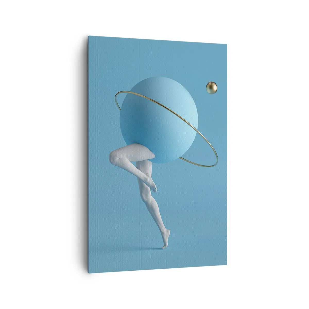 Impression sur toile - Image sur toile - Une sphère bleue avec une orbite et des jambes humaines contre le ciel - 80x120cm - Et les planètes deviennent folles - Décoration murale moderne pour le salon et la chambre ARTTOR