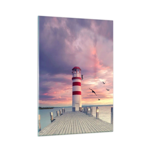 Impression sur verre - Image sur verre - Phare sur la jetée au coucher du soleil avec des oiseaux qui volent - 50x70cm - C'est l'heure d'aller au port - Décoration murale moderne pour le salon et la chambre ARTTOR