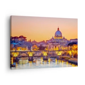 Impression sur toile - Image sur toile - Panorama du Vatican au coucher du soleil avec un pont sur la rivière - 70x50cm - Coucher de soleil sur la ville éternelle - Décoration murale moderne pour le salon et la chambre ARTTOR