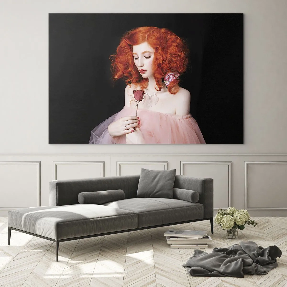 Impression sur verre - Image sur verre - Portrait d'une femme aux cheveux roux et une rose sur un fond sombre - 100x70cm - De style baroque - Décoration murale moderne pour le salon et la chambre ARTTOR