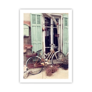 Affiche - Poster - Un vieux vélo devant des volets verts en bois - 50x70cm - Que la province vive - Décoration murale moderne pour le salon et la chambre ARTTOR