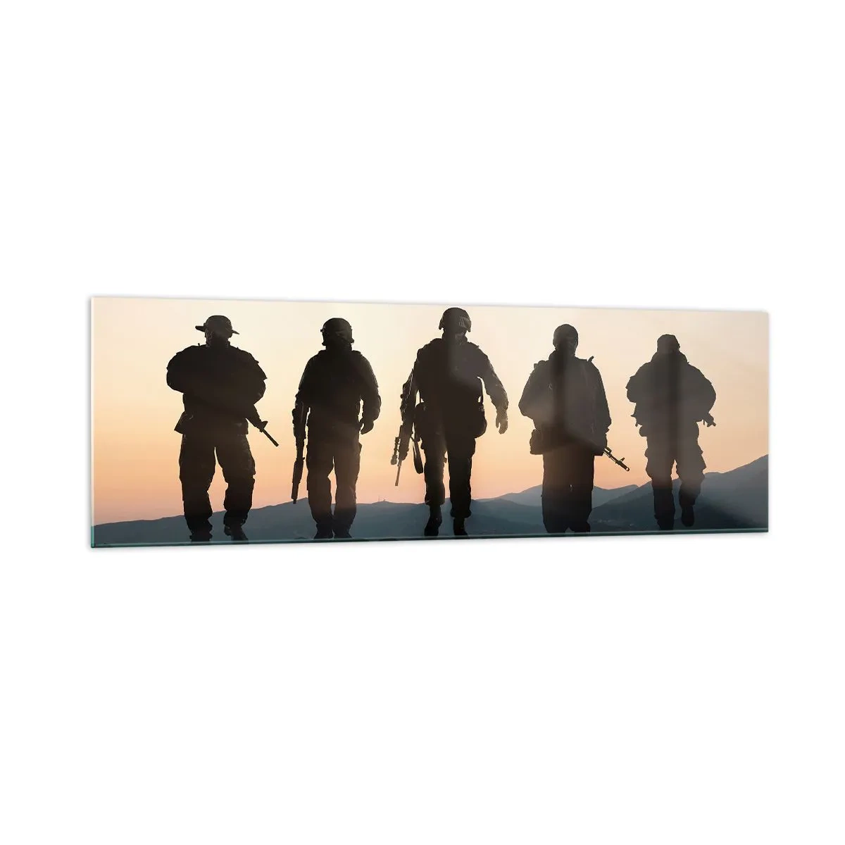 Impression sur verre - Image sur verre - Silhouettes de soldats et d'avions de chasse sur fond de coucher de soleil - 160x50cm - Bienvenue dans notre monde - Décoration murale moderne pour le salon et la chambre ARTTOR