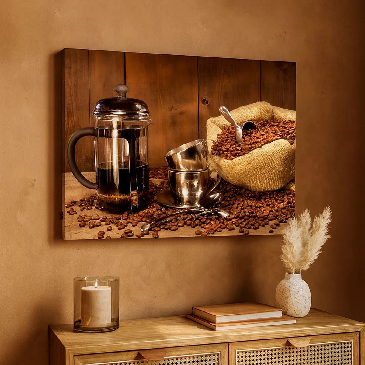 Impression sur toile - Image sur toile - Presse française, tasses et un sac de café sur un fond en bois - 70x50cm - Le charme du café - arôme et goût - Décoration murale moderne pour le salon et la chambre ARTTOR