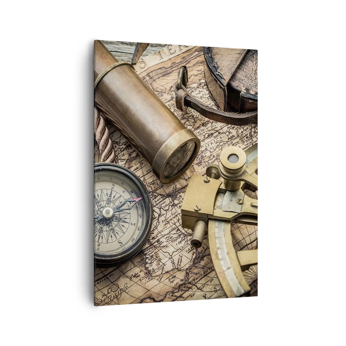 Impression sur toile - Image sur toile - Une boussole, un sextant et un télescope sur fond de vieille carte et de corde nautique. - 70x100cm - Fixer un cap - Décoration murale moderne pour le salon et la chambre ARTTOR