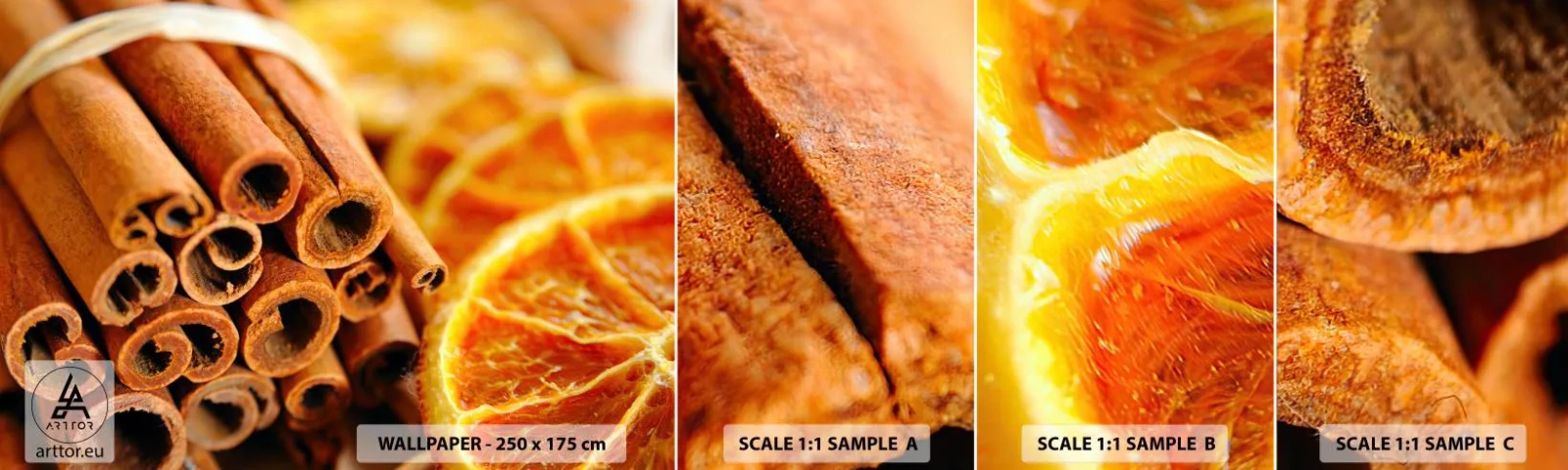 Échantillon de Papier Peint Autocollant Deluxe Sticker - Sentez-vous leurs odeurs? - Orange, Le bâton de cannelle, Épices - 100x30 cm