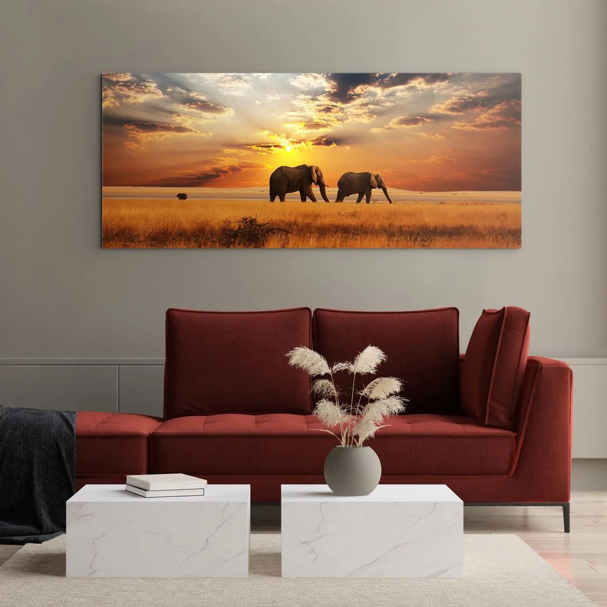 Impression sur verre - Image sur verre - Éléphants dans la savane au coucher du soleil - 120x50cm - Déambulation familliale - Décoration murale moderne pour le salon et la chambre ARTTOR