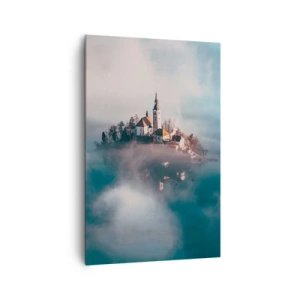 Impression sur toile - Image sur toile - Une île pittoresque avec une église entourée de brouillard - 80x120cm - Île de rêve - Décoration murale moderne pour le salon et la chambre ARTTOR