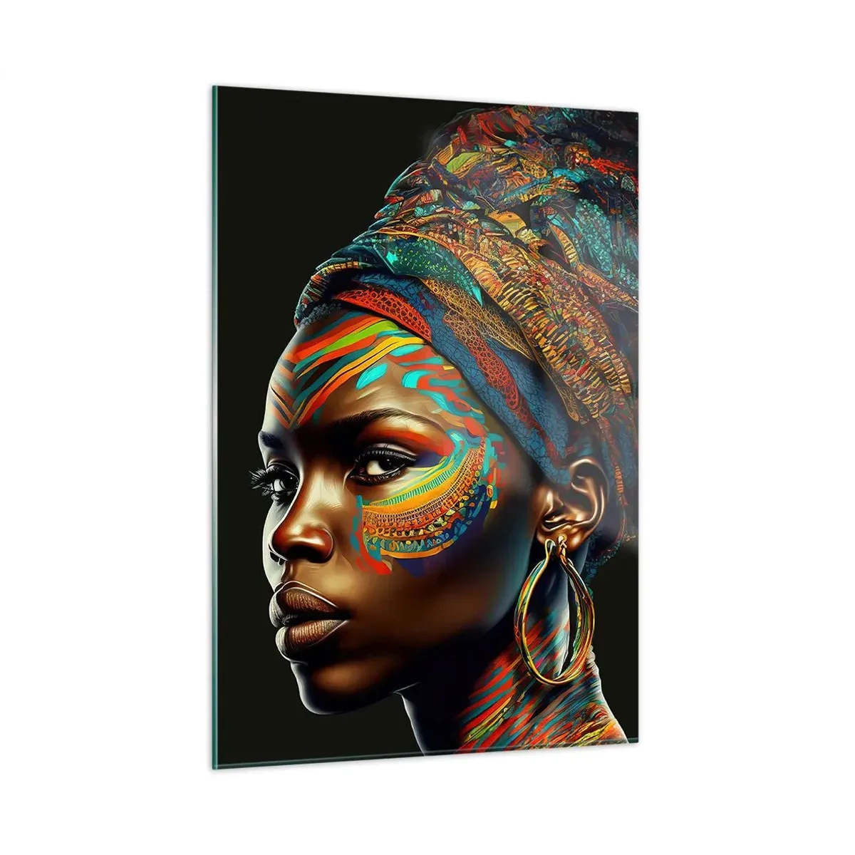 Impression sur verre - Image sur verre - Portrait d'une femme avec une peinture colorée et un turban - 50x70cm - reine africaine - Décoration murale moderne pour le salon et la chambre ARTTOR