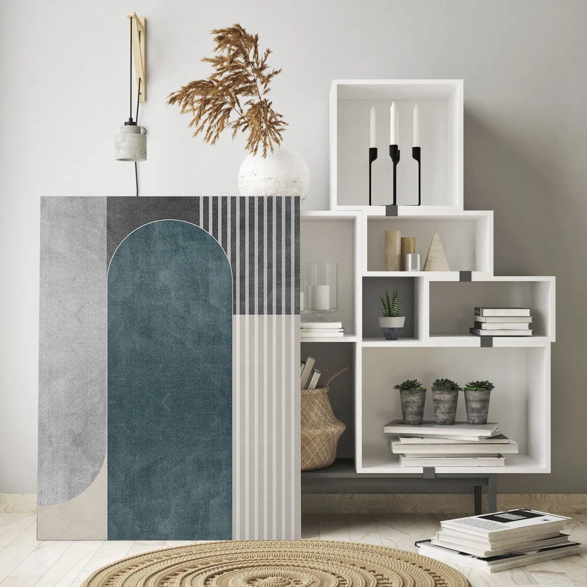 Impression sur verre - Image sur verre - Forme géométrique dans les tons de gris, beige et vert - 50x70cm - Composition de niveaux - Décoration murale moderne pour le salon et la chambre ARTTOR