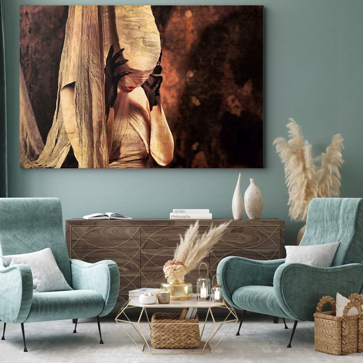 Impression sur toile - Image sur toile - Une femme voilée au style mystérieux sur un fond sombre - 70x50cm - Entre le bon et le mauvais - Décoration murale moderne pour le salon et la chambre ARTTOR