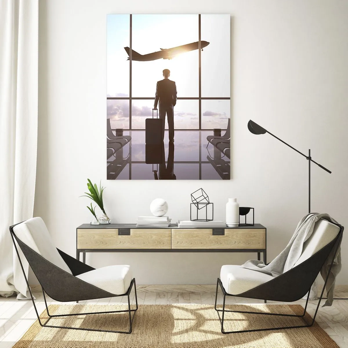 Impression sur verre - Image sur verre - Un homme avec une valise à l'aéroport regardant un avion décoller. - 50x70cm - Vous avez le temps, ralentissez - Décoration murale moderne pour le salon et la chambre ARTTOR
