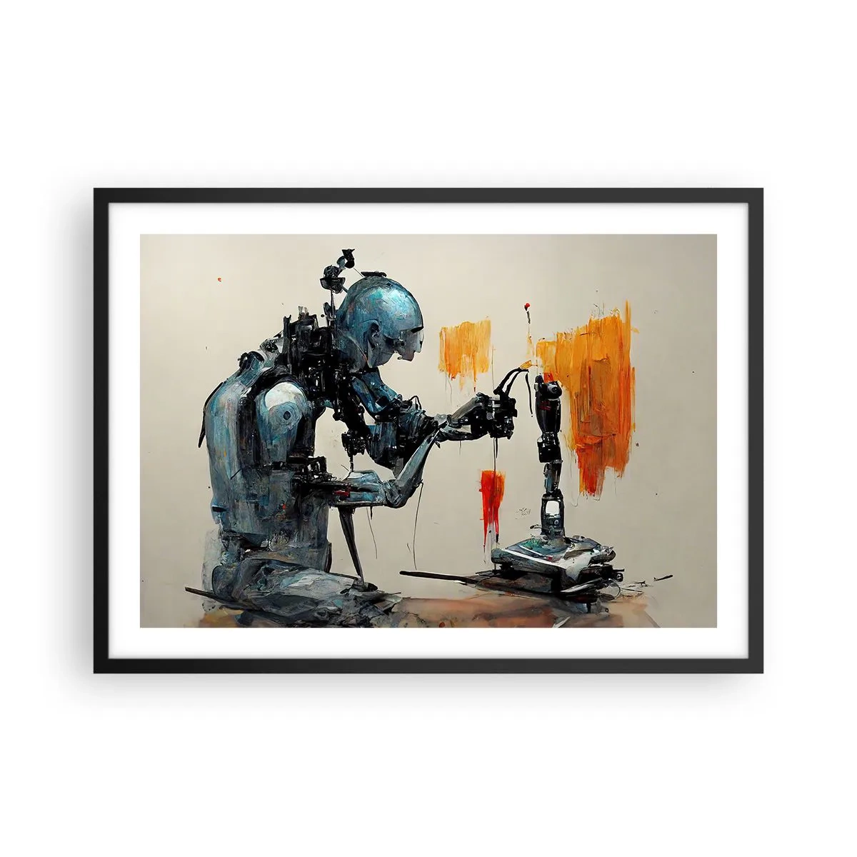 Affiche dans un cadre noir - Poster - Robot au travail avec un arrière-plan abstrait - 70x50cm - Déjà demain… - Décoration murale moderne pour le salon et la chambre ARTTOR