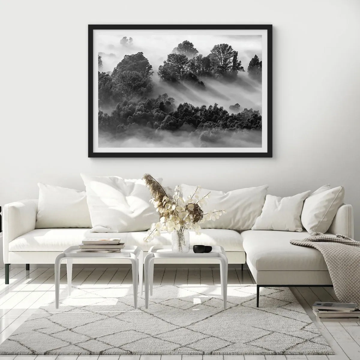 Affiche dans un cadre noir - Poster - Paysage forestier noir et blanc dans le brouillard du matin - 70x50cm - Sortir de son sommeil - Décoration murale moderne pour le salon et la chambre ARTTOR