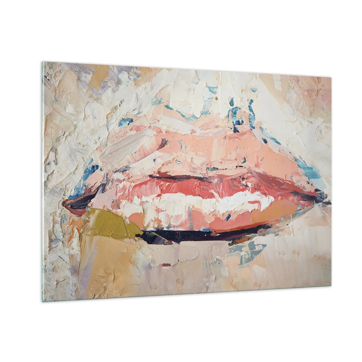 Impression sur verre - Image sur verre - Image abstraite de lèvres dans une technique de peinture expressive - 100x70cm - Éveil la pensée - Décoration murale moderne pour le salon et la chambre ARTTOR