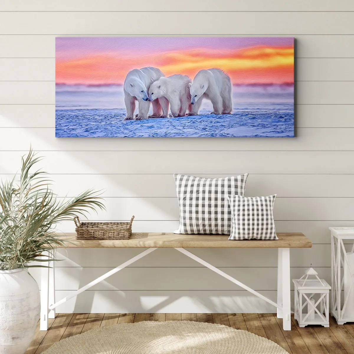 Impression sur toile - Image sur toile - Trois ours polaires sur fond de coucher de soleil arctique - 120x50cm - La chaleur familiale suffit - Décoration murale moderne pour le salon et la chambre ARTTOR