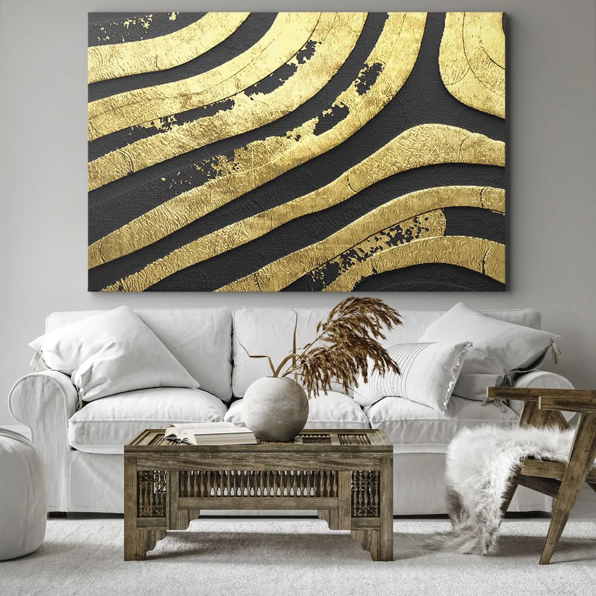 Impression sur toile - Image sur toile - Vagues abstraites dorées sur fond noir - 70x50cm - Tout coule - Décoration murale moderne pour le salon et la chambre ARTTOR
