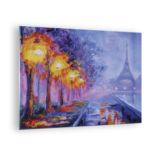 Impression sur verre - Image sur verre - Promenade nocturne à Paris avec la Tour Eiffel - 70x50cm - Une ballade idéale - Décoration murale moderne pour le salon et la chambre ARTTOR