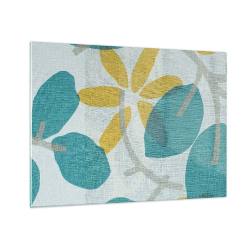 Impression sur verre - Image sur verre - Un graphique végétal avec des feuilles azur et des fleurs jaunes - 70x50cm - Wśród lazurowych liści - Décoration murale moderne pour le salon et la chambre ARTTOR
