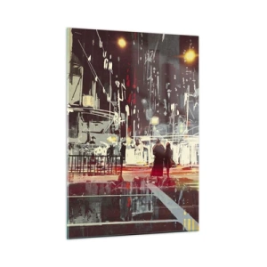 Impression sur verre - Image sur verre - Paysage urbain nocturne avec néons et silhouettes de passants - 50x70cm - Une grande traversée de ville - Décoration murale moderne pour le salon et la chambre ARTTOR