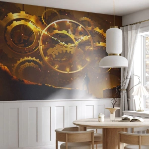 Papier Peint Photo Premium Sand - Mécanismes d'horlogerie dorés avec une figure en arrière-plan dans un style steampunk - 100x70cm - À la source du temps - Décoration murale moderne pour le salon et la chambre ARTTOR