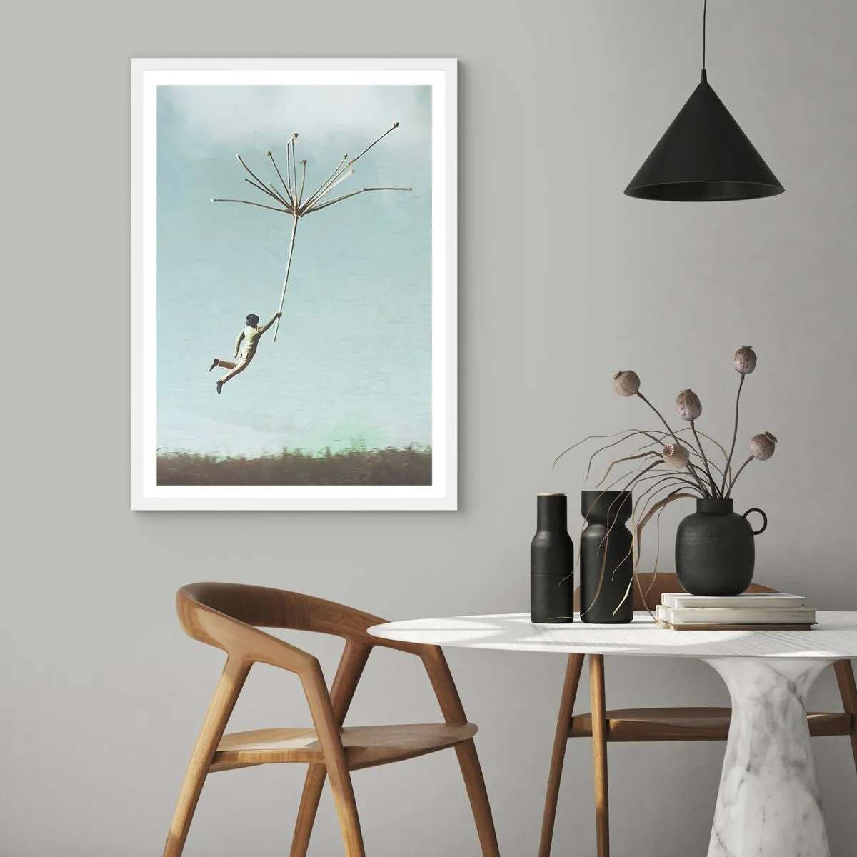 Affiche dans un cadre blanc - Poster - Cerfs-volants, pissenlits, vent - 70x100 cm