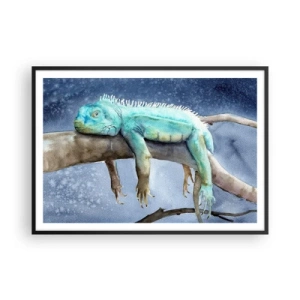 Affiche dans un cadre noir - Poster - Iguane bleu reposant sur une branche - 100x70cm - Tout va bien! - Décoration murale moderne pour le salon et la chambre ARTTOR