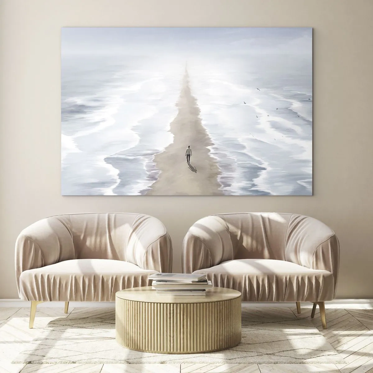 Impression sur verre - Image sur verre - Une silhouette marchant seule vers l'horizon parmi les vagues - 100x70cm - Un brillant avenir - Décoration murale moderne pour le salon et la chambre ARTTOR