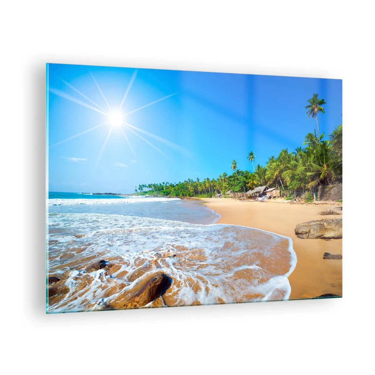 Impression sur verre - Image sur verre - Plage tropicale avec palmiers et vagues sous un ciel bleu - 70x50cm - Un endroit exotique pour vous - Décoration murale moderne pour le salon et la chambre ARTTOR
