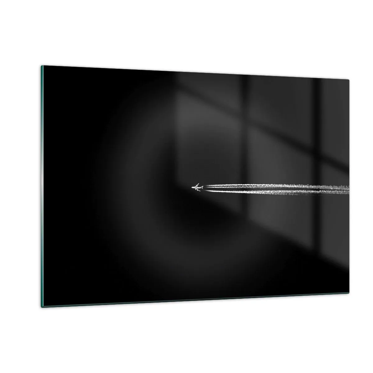 Impression sur verre - Image sur verre - Un avion à réaction sur fond noir avec une traînée de condensation - 120x80cm - Dans une autre dimension - Décoration murale moderne pour le salon et la chambre ARTTOR
