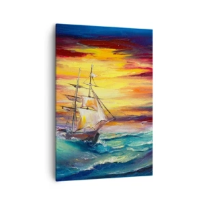 Impression sur toile - Image sur toile - Un voilier sur fond de coucher de soleil coloré - 70x100cm - Courageusement sous les vagues - Décoration murale moderne pour le salon et la chambre ARTTOR