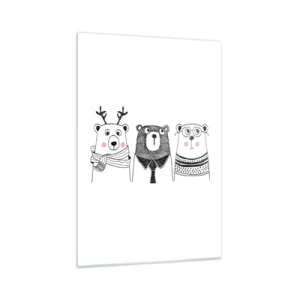 Impression sur verre - Image sur verre - Trois ours rigolos dans un style minimaliste - 70x100cm - Ours en peluche, petit ours en peluche et doudou - Décoration murale moderne pour le salon et la chambre ARTTOR