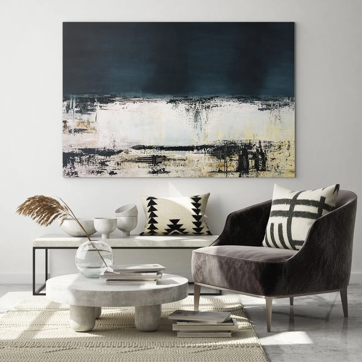 Impression sur verre - Image sur verre - Paysage abstrait dans les tons bleu marine et blanc - 120x80cm - Composition horizontale - Décoration murale moderne pour le salon et la chambre ARTTOR