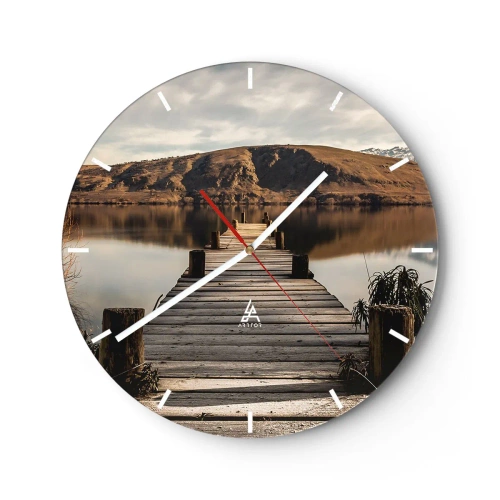 Horloge murale - Pendule murale - Un pont en bois mène à un lac tranquille dans les montagnes. - 30x30cm - Paysage silencieux - Décoration murale moderne pour le salon, la cuisine et la chambre ARTTOR