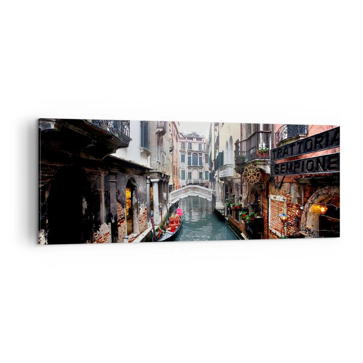 Impression sur toile - Image sur toile - Un canal à Venise avec une gondole et des bâtiments historiques - 140x50cm - Paysage vénitien avec une gondole et un pont - Décoration murale moderne pour le salon et la chambre ARTTOR