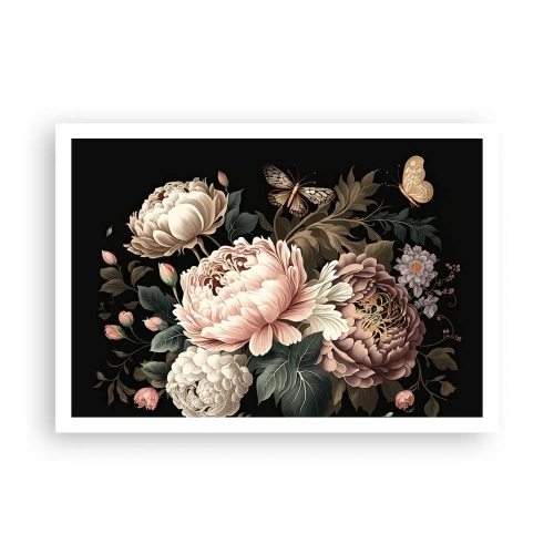 Affiche - Poster - Un bouquet de fleurs roses et de papillons sur fond noir - 100x70cm - De style baroque - Décoration murale moderne pour le salon et la chambre ARTTOR