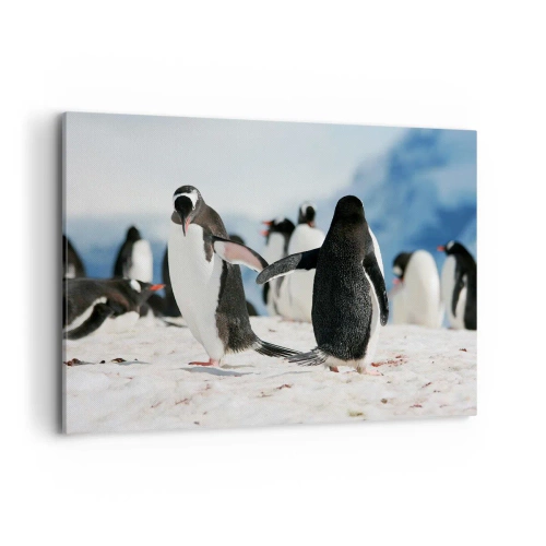 Impression sur toile - Image sur toile - Un groupe de pingouins dans la neige dans un paysage antarctique - 100x70cm - Danser dans la neige - Décoration murale moderne pour le salon et la chambre ARTTOR