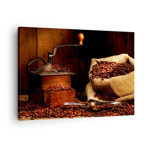 Impression sur toile - Image sur toile - Un vieux moulin à café avec des grains et un sac dans un style rustique. - 70x50cm - Nature morte avec grains de café et moulin - Décoration murale moderne pour le salon et la chambre ARTTOR