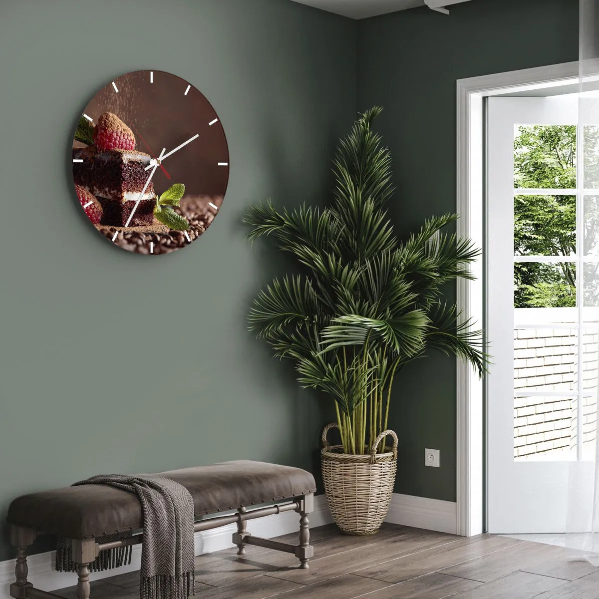 Horloge murale - Pendule murale - Dessert au chocolat aux framboises et à la menthe sur grains de café - 30x30cm - La vie est douce - Décoration murale moderne pour le salon, la cuisine et la chambre ARTTOR