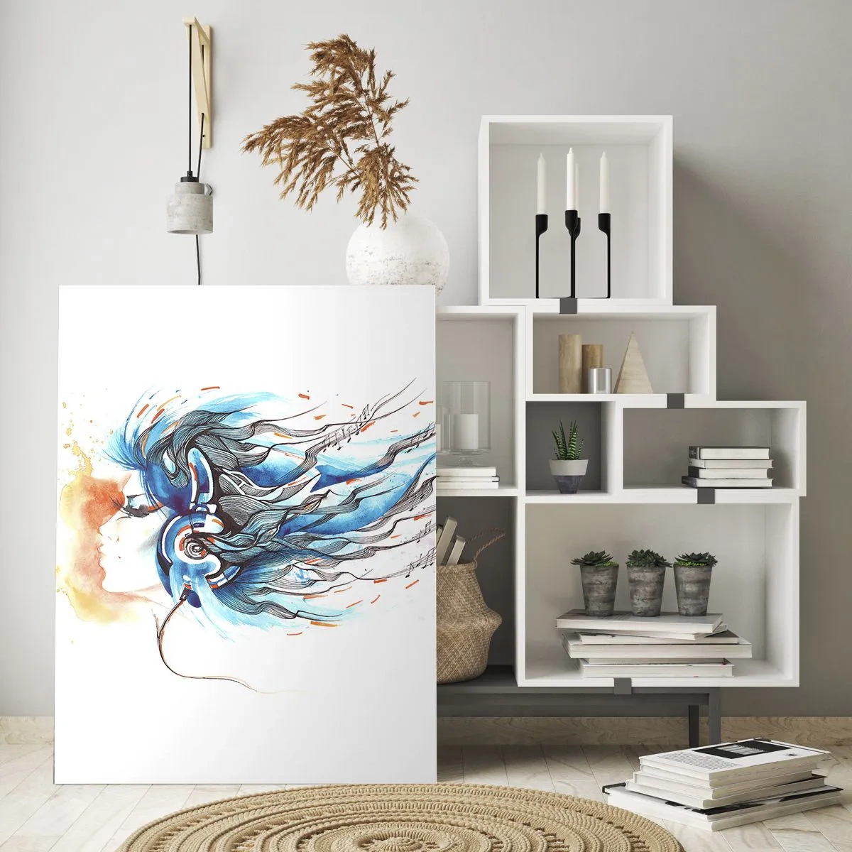 Impression sur verre - Image sur verre - Une femme aux cheveux bleus et portant un casque, dans une expression musicale - 50x70cm - Que la musique joue - Décoration murale moderne pour le salon et la chambre ARTTOR