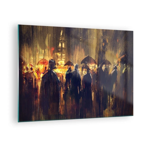 Impression sur verre - Image sur verre - Une foule avec des parapluies sous la pluie sur fond de lumières de la ville - 70x50cm - Adeptes de la pluie - Décoration murale moderne pour le salon et la chambre ARTTOR