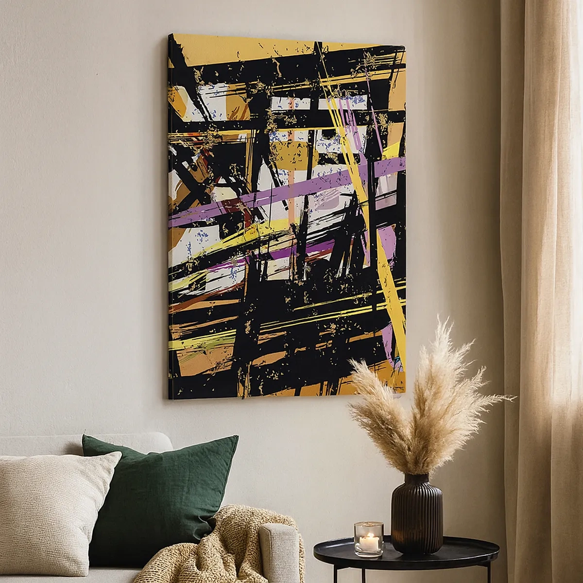 Impression sur toile - Image sur toile - Lignes et formes abstraites sur fond beige - 50x70cm - Une coupe nette - Décoration murale moderne pour le salon et la chambre ARTTOR