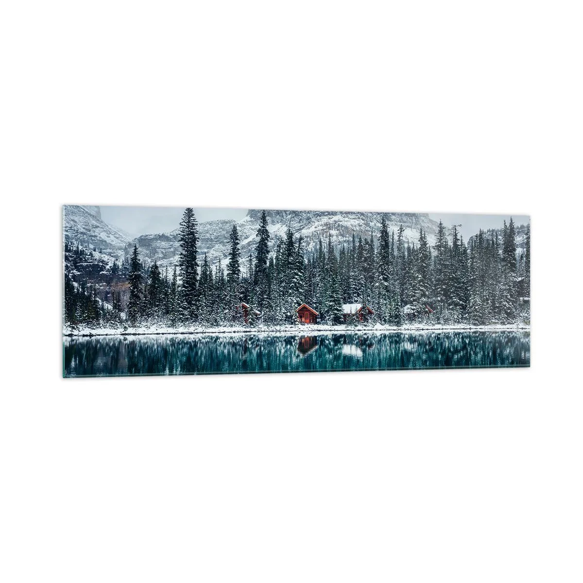 Impression sur verre - Image sur verre - Paysage d'hiver avec des chalets dans la forêt au bord d'un lac gelé - 160x50cm - Retraite canadienne - Décoration murale moderne pour le salon et la chambre ARTTOR