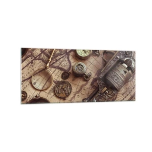Impression sur verre - Image sur verre - Objets anciens sur une vieille carte dans un style rétro - 120x50cm - L'aventure appelle - Décoration murale moderne pour le salon et la chambre ARTTOR