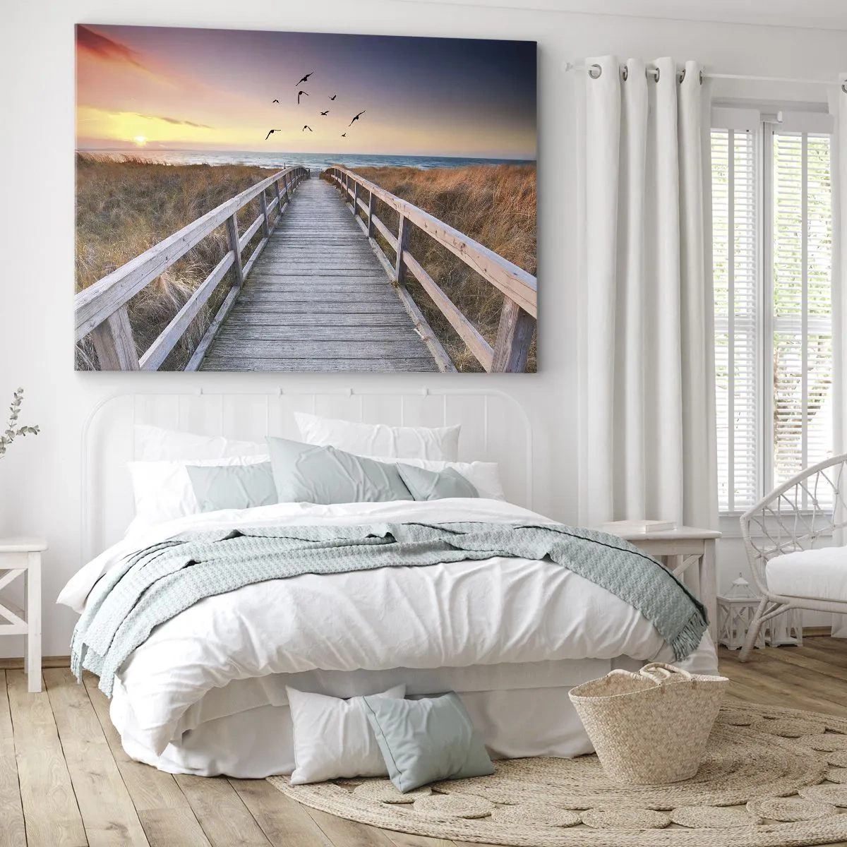 Impression sur toile - Image sur toile - Jetée en bois menant à la plage au coucher du soleil - 70x50cm - Envol des espaces - Décoration murale moderne pour le salon et la chambre ARTTOR