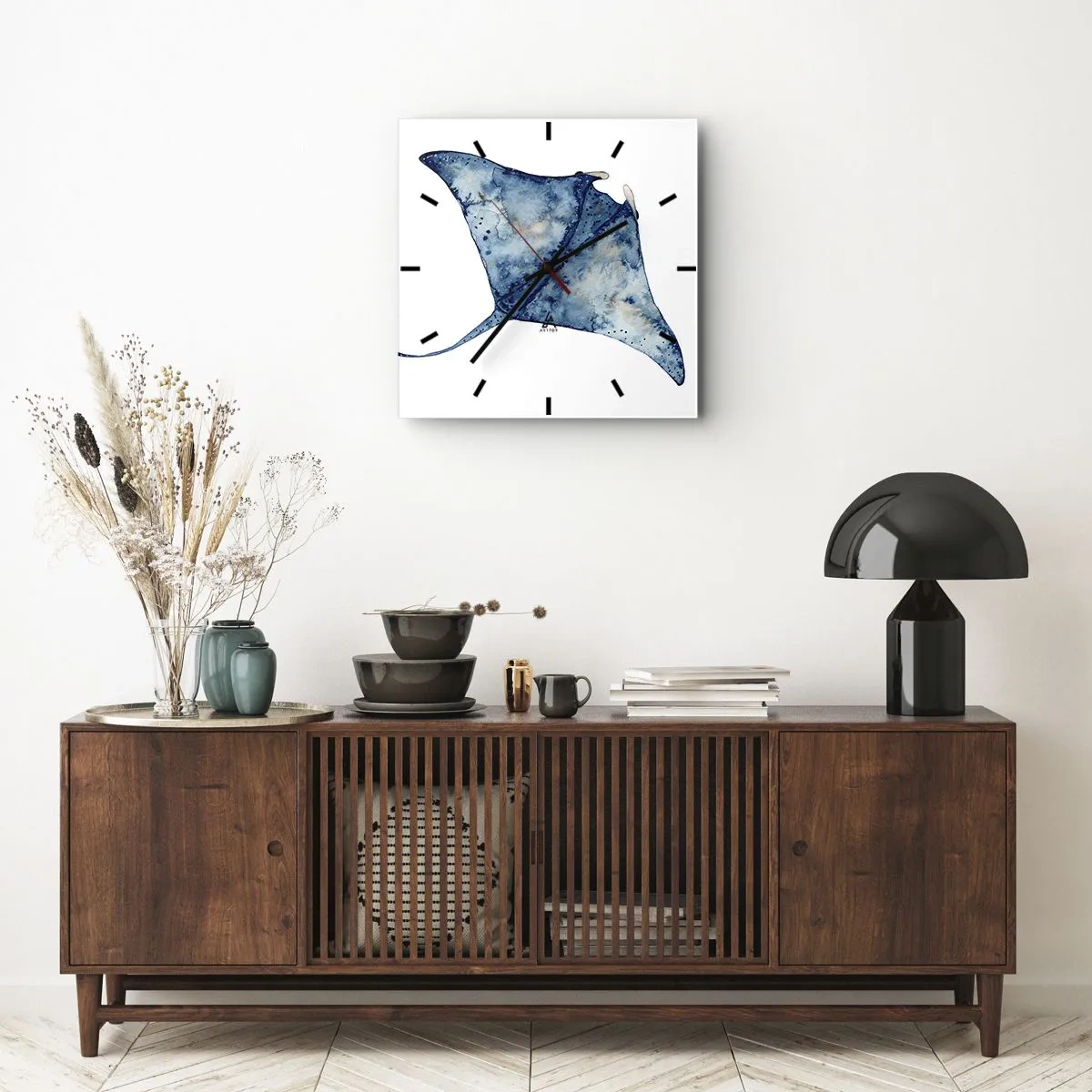Horloge murale - Pendule murale - Raie bleue à l'aquarelle sur fond blanc - 30x30cm - La vie en bleu - Décoration murale moderne pour le salon et la chambre ARTTOR