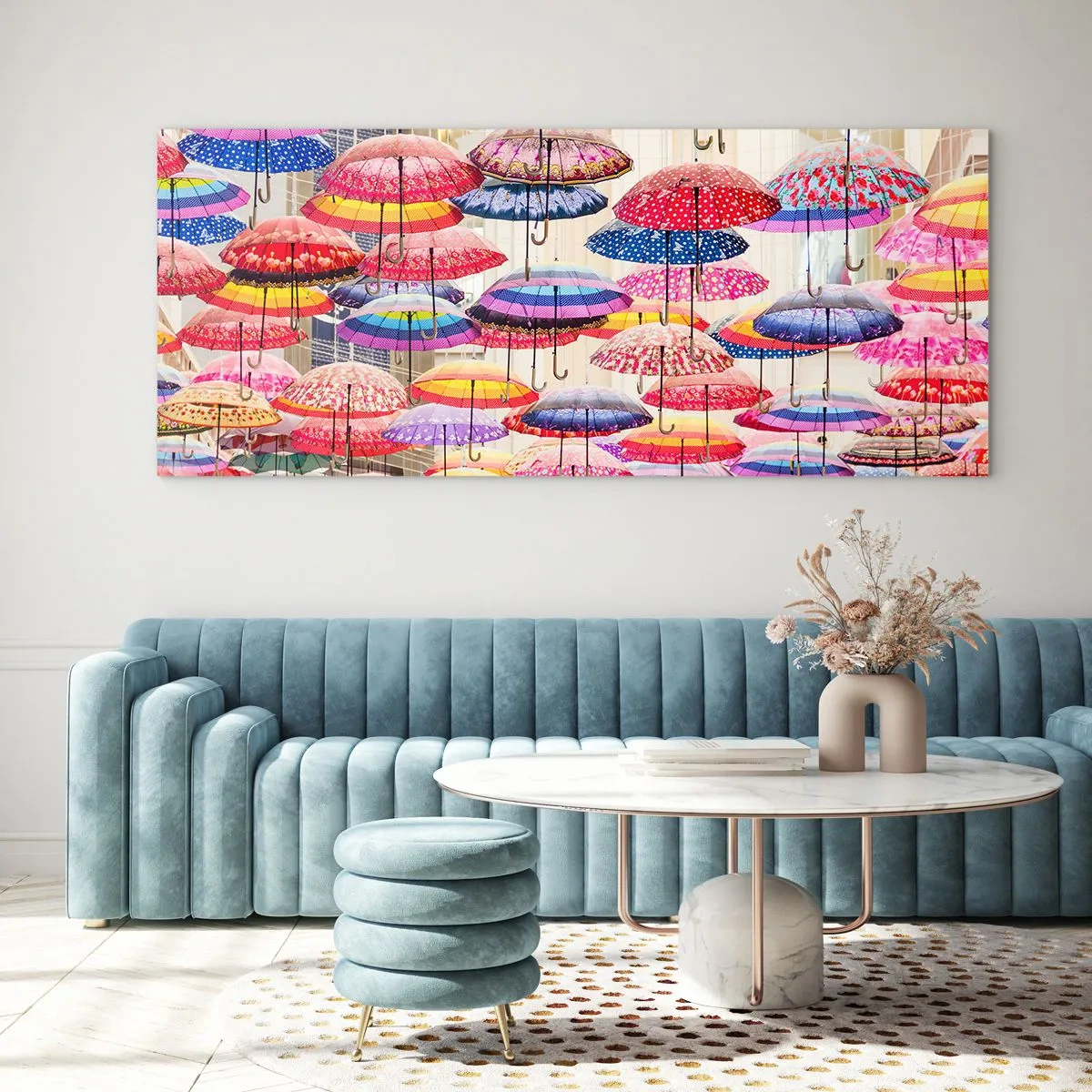 Impression sur verre - Image sur verre - Parapluies colorés suspendus dans les airs - 120x50cm - Prairie de la ville - Décoration murale moderne pour le salon et la chambre ARTTOR