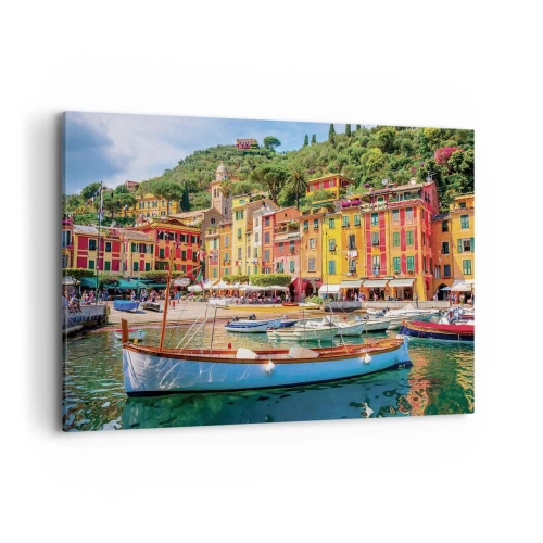 Impression sur toile - Image sur toile - Maisons de ville colorées et bateaux dans une ville balnéaire italienne - 120x80cm - Matinée italienne - Décoration murale moderne pour le salon et la chambre ARTTOR