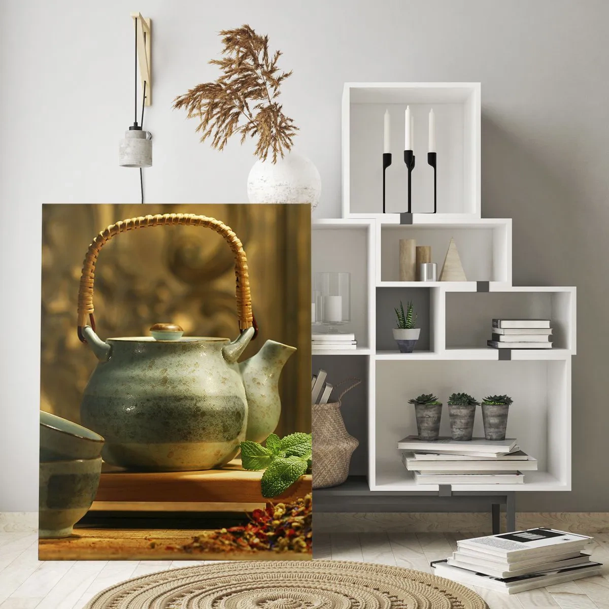 Impression sur verre - Image sur verre - Service à thé en céramique avec des herbes dans une décoration classique - 50x70cm - Un traité sur la consommation de thé - Décoration murale moderne pour le salon et la chambre ARTTOR