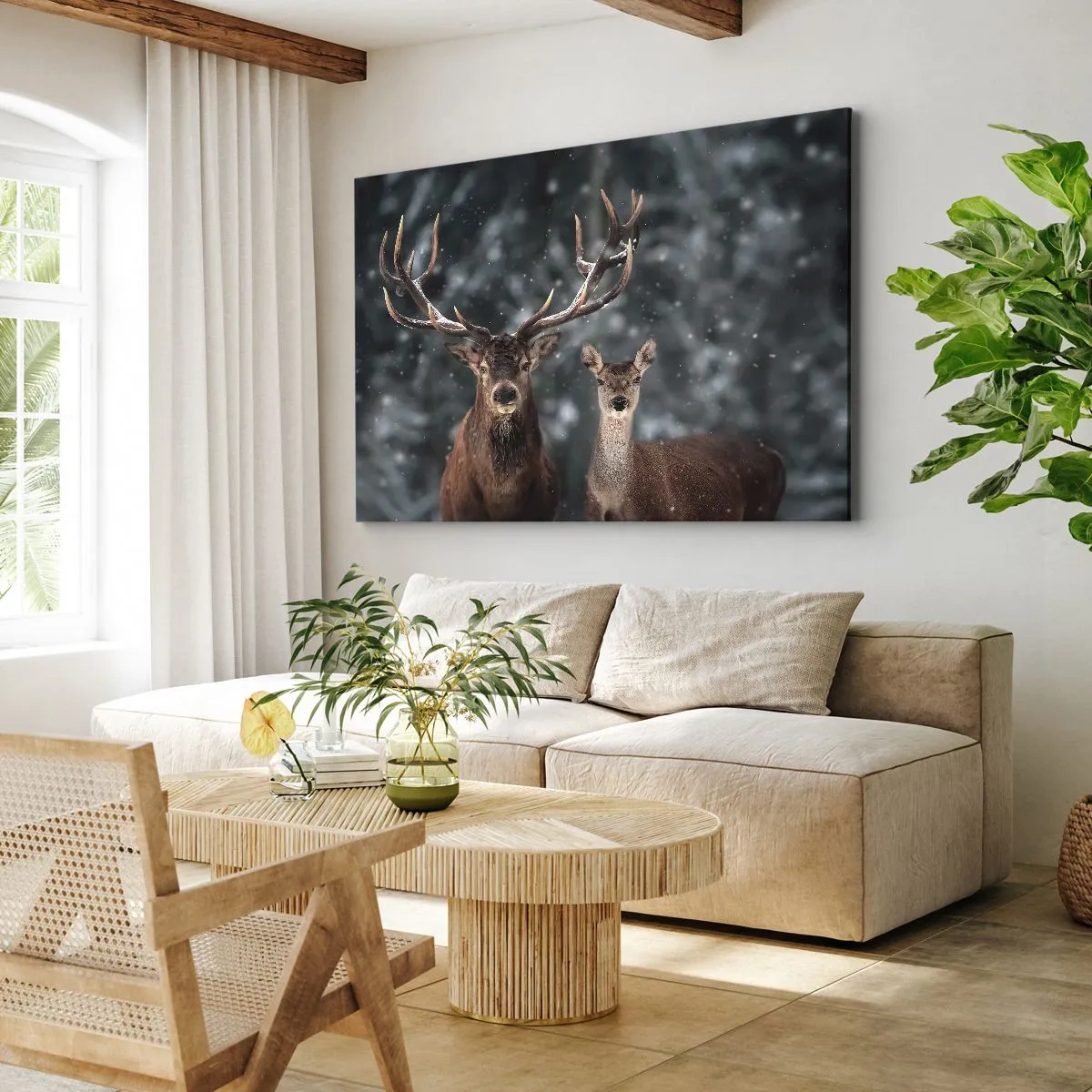 Impression sur toile - Image sur toile - Cerf dans une forêt d'hiver enneigée - 70x50cm - Le roi de la forêt avec sa femme - Décoration murale moderne pour le salon et la chambre ARTTOR